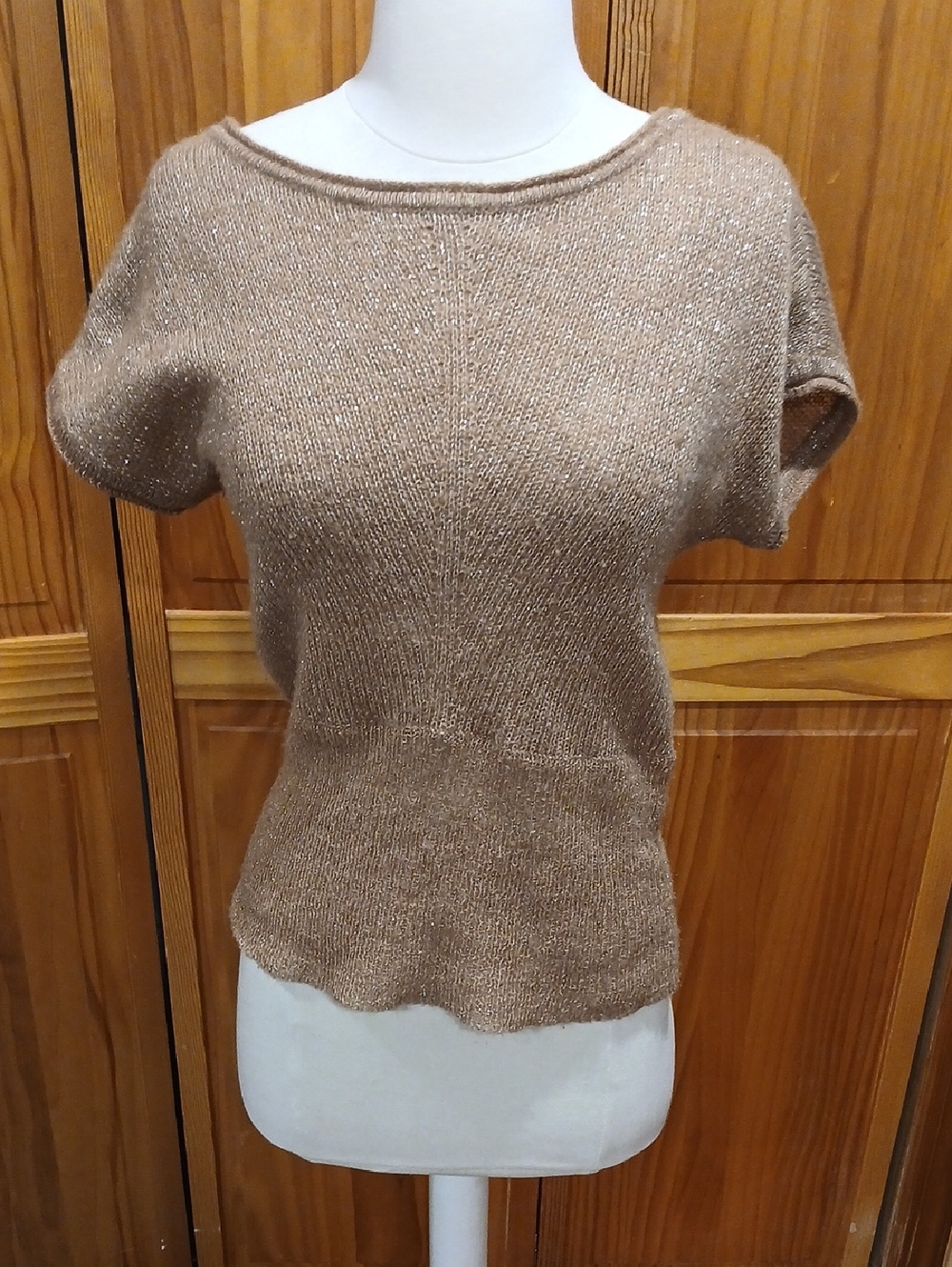Kookai Metallic Tan Scoop Neck Short Sleeve Sweater